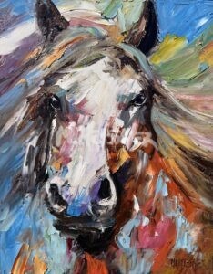 Colorful impressionist painting of a horses face, using bold brushstrokes in shades of white, brown, orange, pink, blue, and green, with a vibrant, expressive background.