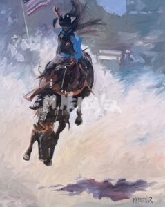 A dynamic painting of a rodeo scene shows a rider in blue and black atop a bucking bull, kicking up dust, with an American flag visible in the background. The energetic brushstrokes convey motion and excitement.