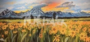 A vibrant painting of a field of yellow Mule Ears wildflowers with Teton Mountains and a dramatic, colorful sunset sky in the background. The scene is bright and lively, capturing the beauty of nature.