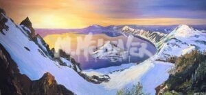 A vibrant painting of a snowy mountain landscape at sunset, featuring a deep blue lake with an island in the center, surrounded by snow-covered peaks and colorful skies of orange, pink, and purple hues.