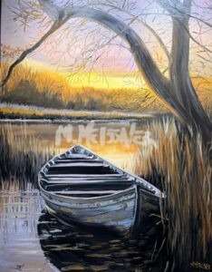 A painted scene of a wooden rowboat resting among tall reeds on a calm river at sunset, with golden light reflecting on the water and bare tree branches framing the view.