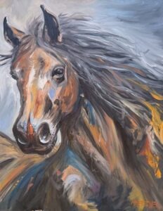 An expressive painting of a horse with a flowing mane, created with bold brushstrokes and vibrant shades of brown, orange, blue, and gray, capturing the animals dynamic movement and energy.