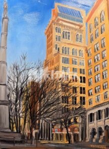 A painting of tall, golden-yellow buildings on Broad Street with many windows and the Imperial Theater, a clear blue sky, bare trees in the foreground, and a tall stone monument on the left side of the scene.