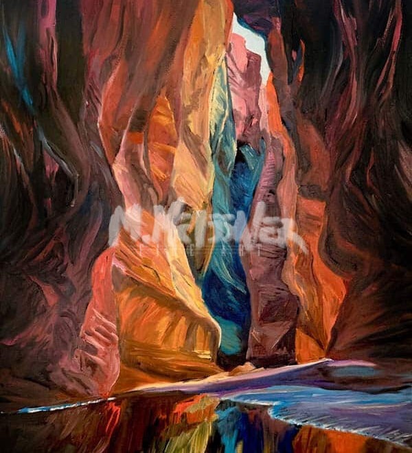 A vibrant painting depicts a narrow slot canyon with tall, winding orange, red, and purple rock walls. Light streams in from above, illuminating the colorful layers and reflecting on a small stream below.