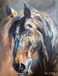An expressive, colorful painting of a horse’s head, featuring bold brushstrokes and vibrant highlights in blue, orange, and brown tones. The horse’s mane appears windswept against a dark, abstract background.