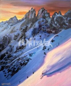 A vibrant painting of rugged, snow-covered mountain peaks at sunset, with purple and pink hues reflecting on the slopes and orange light glowing in the sky above.