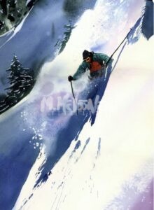 A skier in winter gear and goggles swiftly descends a snowy mountain slope, surrounded by pine trees and powdery snow under a clear sky.