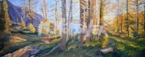 An impressionist painting of a forest with tall trees, golden-yellow foliage, and soft sunlight filtering through. The landscape includes green undergrowth and distant blue mountains, creating a serene, vibrant autumn scene.