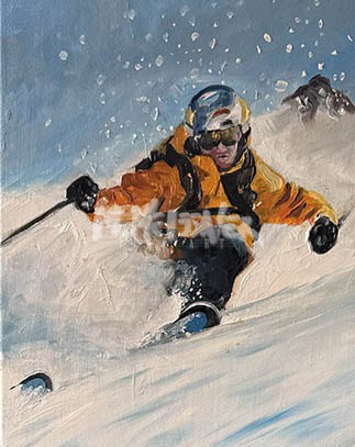 The Vertical Skier, wearing a yellow jacket and helmet, races down a snowy slope, sending up powder. Snowflakes fall as distant mountain peaks frame the scene.