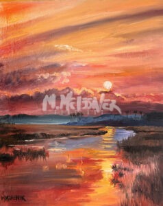 A vibrant painting of a sunset over a marsh, with vivid orange, pink, and purple clouds reflected in the water below; silhouettes of distant trees and grasses line the horizon.