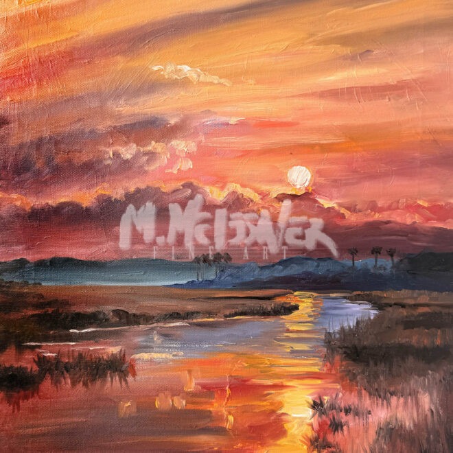 A vibrant painting of a sunset over a marsh, with vivid orange, pink, and purple clouds reflected in the water below; silhouettes of distant trees and grasses line the horizon.