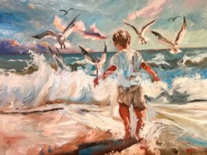 In the impressionistic painting "Chasing the Gulls" a young child stands by the shore, reaching toward seagulls flying above ocean waves beneath a vibrant, cloudy sky.