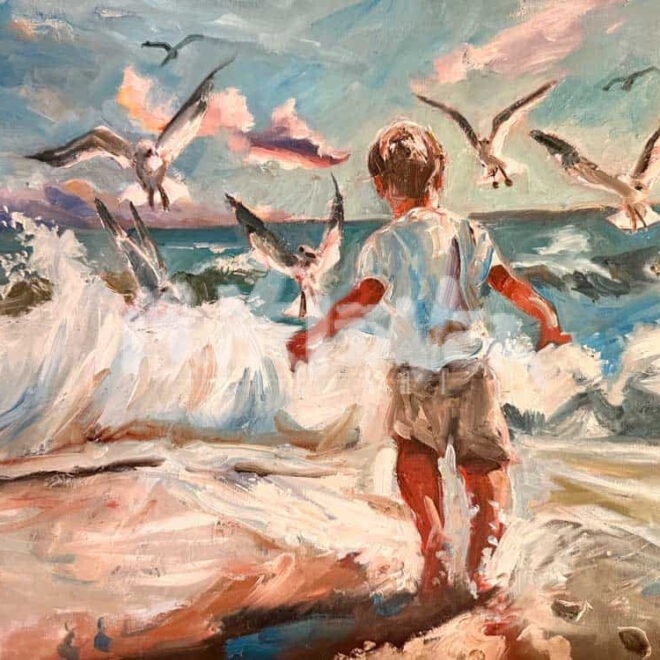 In the impressionistic painting "Chasing the Gulls" a young child stands by the shore, reaching toward seagulls flying above ocean waves beneath a vibrant, cloudy sky.