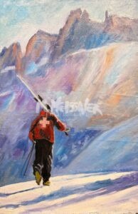On Patrol depicts a figure in a red jacket and dark pants carrying skis and poles over their shoulder, walking across a snowy landscape with colorful mountains in the distance.