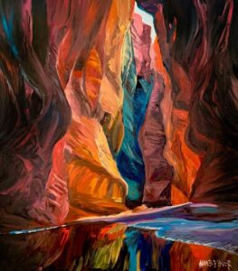 A vibrant oil painting by Michael Meissner depicts a narrow canyon with steep, colorful rock walls in shades of orange, red, and purple, their hues reflecting in a shallow stream running along the canyon floor.