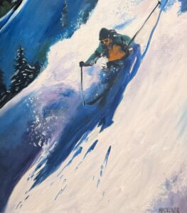 A skier in a green jacket and orange vest glides swiftly down a snowy slope, surrounded by pine trees and casting a blue shadow on the snow under a bright sky, reminiscent of scenes from Michael Meissner oil paintings.