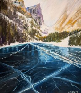 A painting by Michael Meissner of a frozen lake with deep blue ice and visible cracks, surrounded by snowy mountains, evergreen trees, and a partly cloudy sky in the background—an exquisite addition to his oil paintings collection.