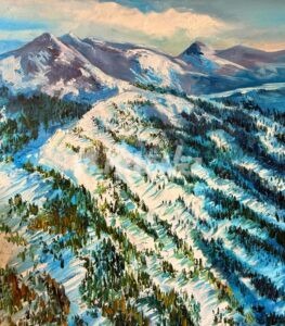 A colorful painting of snow-covered mountains with evergreen trees scattered across the slopes under a partly cloudy sky. The ridges and shadows add depth and texture to the winter landscape, exemplifying Michael Meissner’s stunning oil paintings.