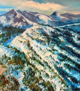 A painting by Michael Meissner depicts snow-covered mountains with pine trees casting blue and green shadows. The partly cloudy sky and cool, wintry colors highlight his mastery of oil paintings.