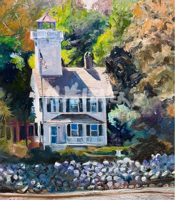 A painting by Michael Meissner depicts a white two-story house with a lighthouse tower, surrounded by trees and greenery, with rocks in the foreground under a sunny sky—one of his stunning oil paintings.