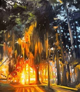A vibrant oil painting by Michael Meissner depicts a forest with tall trees, where intense orange and yellow flames light up the center, contrasting with the surrounding dark green and blue foliage—a dramatic wildfire scene at dusk or night.