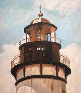 A close-up oil painting by Michael Meissner of a lighthouse top, featuring a glass lantern room and brown metal railing, set against a blue sky with soft clouds.