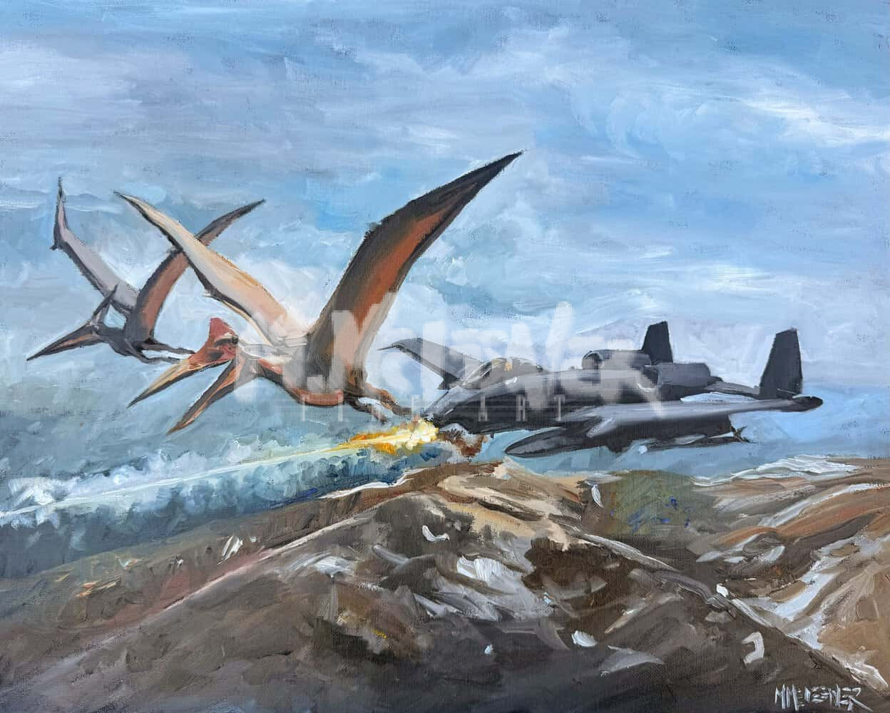 A painting shows two large flying pterosaurs and a military jet soaring above rocky terrain, with the jet firing a missile. The sky is cloudy, and the scene is dramatic and dynamic. A painting shows two large flying pterosaurs and a military jet soaring above rocky terrain, with the jet firing a missile. The sky is cloudy, and the scene is dramatic and dynamic.
