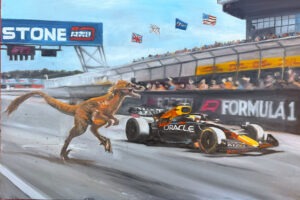 A velociraptor runs alongside a Formula 1 car on a racetrack, with cheering crowds, flags, and signs in the background. The car displays Oracle on the side and both are moving at high speed.