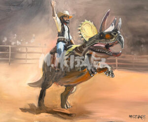 The product "Cowboy riding a Triceratops" features a cowboy with hat, one arm raised, riding a triceratops in a rodeo arena amid swirling dust and blurred spectators.