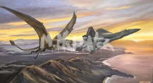 A flying dinosaur and a modern fighter jet soar side by side above rugged mountains and a coastline at sunset, with vibrant clouds illuminating the sky.