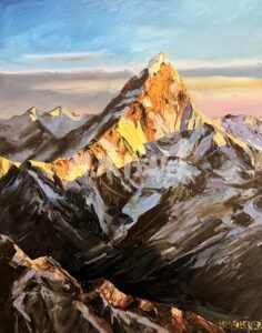 Solitary Peak" is an oil painting featuring a lone mountain summit glowing with warm golden light, set amidst rugged shadowed ranges beneath a blue and pink sky.