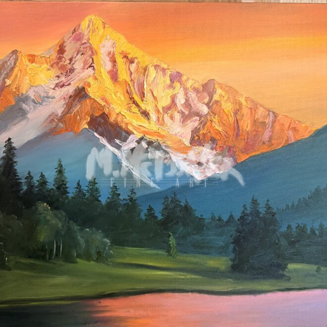 A vivid painting of a sunlit mountain peak glowing orange and pink at sunset, with dark green pine trees and a calm lake in the foreground reflecting the warm colors of the sky.