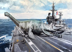 The "Plesiosaurus on board" features a large, long-necked prehistoric dinosaur stretched across the deck of an aircraft carrier at sea, with sailors nearby observing the remarkable scene.