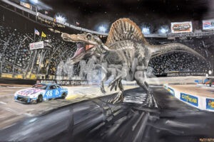 A giant Spinosaurus stands on a racetrack at night, roaring as a NASCAR race car speeds by at Bristol Motor Speedway, with a cheering crowd in the background.