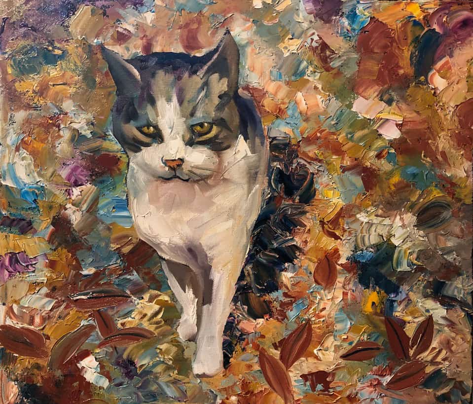 A painting of a gray and white cat walking toward the viewer, surrounded by colorful, abstract autumn leaves and brush strokes—a perfect example of Custom Pet Portraits that beautifully capture your pet’s personality in vibrant detail. A painting of a gray and white cat walking toward the viewer, surrounded by colorful, abstract autumn leaves and brush strokes—a perfect example of Custom Pet Portraits that beautifully capture your pet’s personality in vibrant detail.