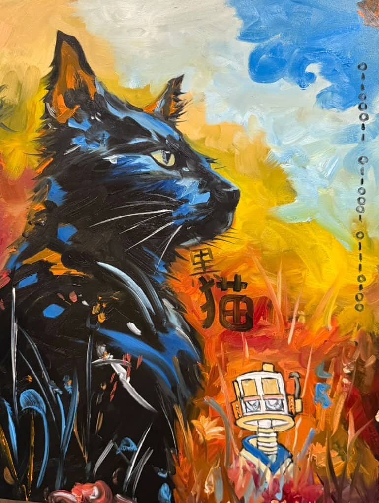 A black cat with blue highlights sits in colorful grass against a vivid sky. A robot and binary code are on the right, and Chinese characters appear near the cat. The art style is bright, painterly, and surreal, making it perfect for custom pet portraits that capture your companion's unique personality in a vibrant setting. A black cat with blue highlights sits in colorful grass against a vivid sky. A robot and binary code are on the right, and Chinese characters appear near the cat. The art style is bright, painterly, and surreal, making it perfect for custom pet portraits that capture your companion's unique personality in a vibrant setting.