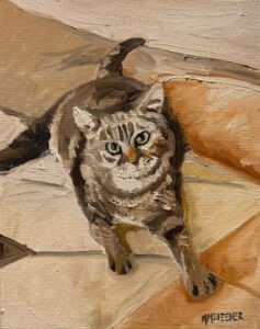 A painting of a tabby cat with green eyes sitting on a tiled floor, looking up. The brushstrokes are textured and expressive, capturing the unique charm found in Custom Pet Portraits, and the artist’s signature “MMEIBNER” appears in the bottom right corner.