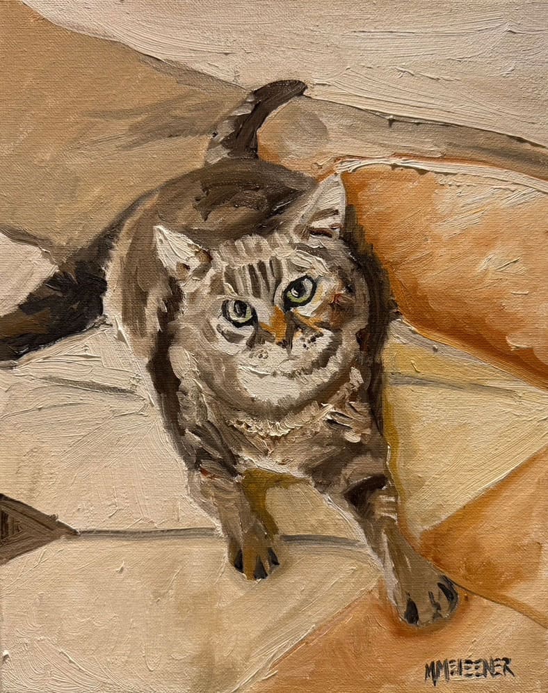 A painting of a tabby cat with green eyes sitting on a tiled floor, looking up. The brushstrokes are textured and expressive, capturing the unique charm found in Custom Pet Portraits, and the artist’s signature “MMEIBNER” appears in the bottom right corner. A painting of a tabby cat with green eyes sitting on a tiled floor, looking up. The brushstrokes are textured and expressive, capturing the unique charm found in Custom Pet Portraits, and the artist’s signature “MMEIBNER” appears in the bottom right corner.