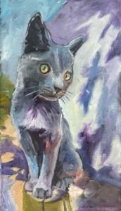 A colorful, expressive painting of a black cat with yellow eyes sitting upright, surrounded by abstract purple, blue, and yellow brushstrokes—perfect for those seeking unique Custom Pet Portraits that capture your pet’s personality in vibrant detail.