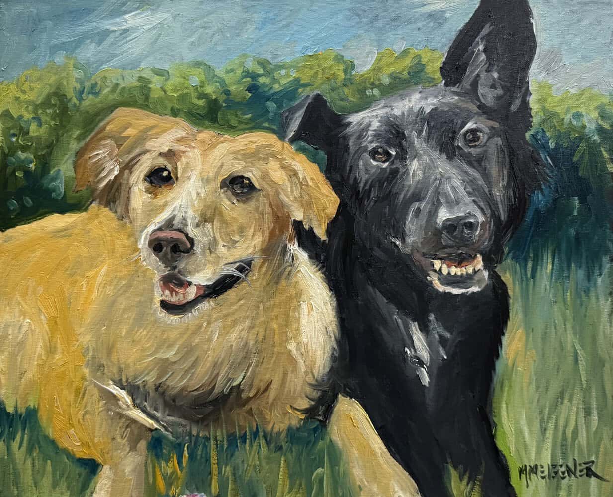 A painting of two dogs, one golden and one black, standing close together outdoors with green foliage and a blue sky in the background. Both dogs have happy, open-mouthed expressions, beautifully capturing the spirit of custom pet portraits. A painting of two dogs, one golden and one black, standing close together outdoors with green foliage and a blue sky in the background. Both dogs have happy, open-mouthed expressions, beautifully capturing the spirit of custom pet portraits.