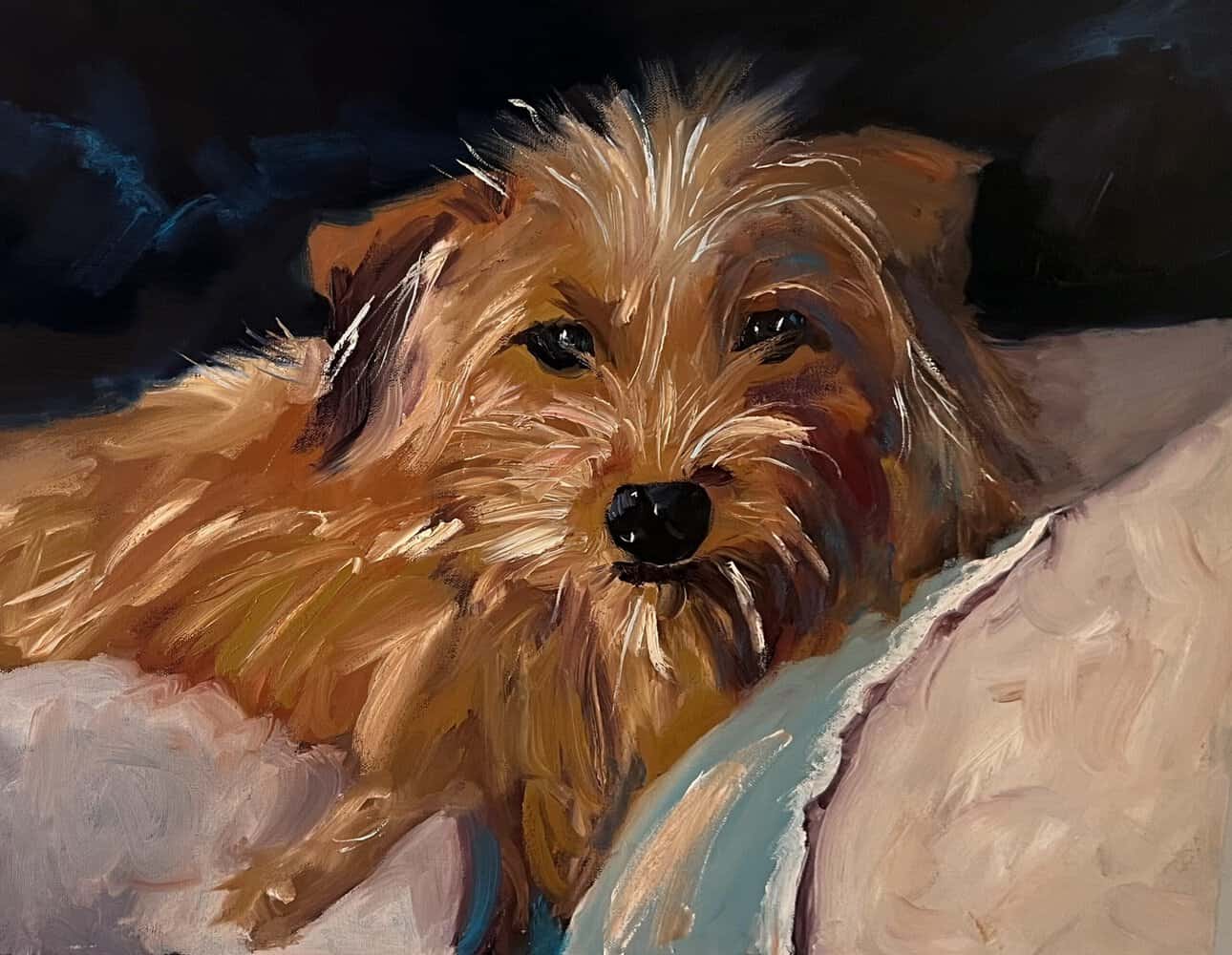 A painting of a scruffy, tan dog lying on a pillow with a dark background. The brushstrokes are loose and expressive, giving the artwork a warm, textured feel—perfect for those seeking custom pet portraits that capture true personality and charm. A painting of a scruffy, tan dog lying on a pillow with a dark background. The brushstrokes are loose and expressive, giving the artwork a warm, textured feel—perfect for those seeking custom pet portraits that capture true personality and charm.