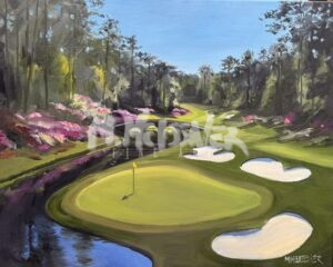 The "13th Hole Augusta National" depicts a vibrant scene with a lush green, sand traps, a small bridge over water, and trees and flowers in the background beneath a clear blue sky.