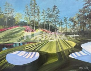 Experience the beauty of the 15th Hole Augusta National with a painting depicting a sunny golf course, long shadows, two sand traps in the foreground, a tranquil pond, tall pine trees, and blooming pink flowers along a hill in the background—evoking the iconic scenery of Augusta National.