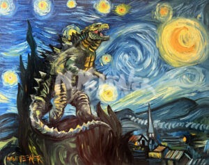 Transform your space with the "Godzilla Starry Night"—a striking piece that merges Van Gogh’s iconic swirling night sky with the towering presence of Godzilla above a tranquil town, blending fine art and cinematic drama in one captivating scene.