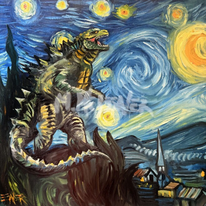 Transform your space with the "Godzilla Starry Night"—a striking piece that merges Van Gogh’s iconic swirling night sky with the towering presence of Godzilla above a tranquil town, blending fine art and cinematic drama in one captivating scene.