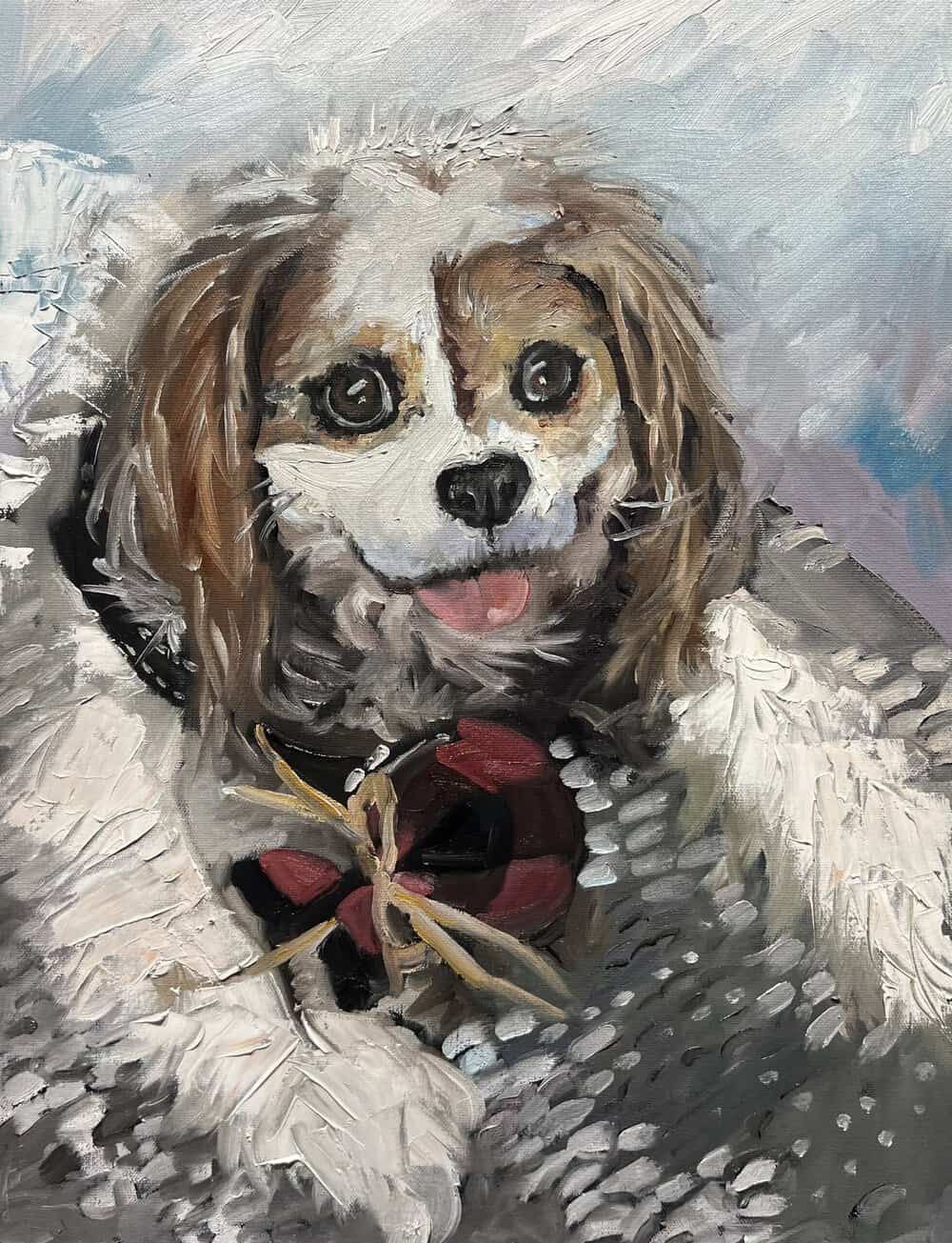A painted dog with long ears and brown, white, and black fur lies on a blanket, holding a red and black ball tied with a yellow string. Its tongue is sticking out, and it looks up with a wide-eyed expression—capturing the charm that makes Custom Pet Portraits so treasured. A painted dog with long ears and brown, white, and black fur lies on a blanket, holding a red and black ball tied with a yellow string. Its tongue is sticking out, and it looks up with a wide-eyed expression—capturing the charm that makes Custom Pet Portraits so treasured.