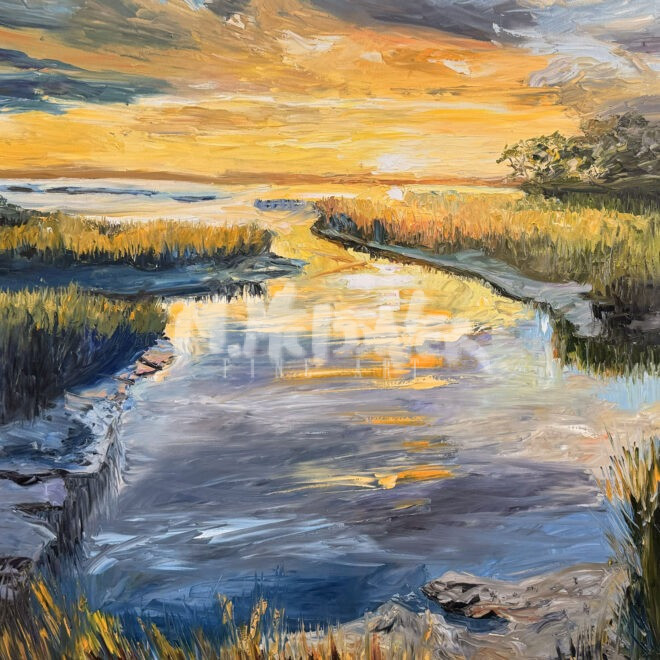 Colorful impressionist painting from the Salt Marsh Collection, capturing a marsh at sunset with tall grasses, a winding waterway reflecting the sky, and glowing orange, yellow, and blue tones throughout the landscape.