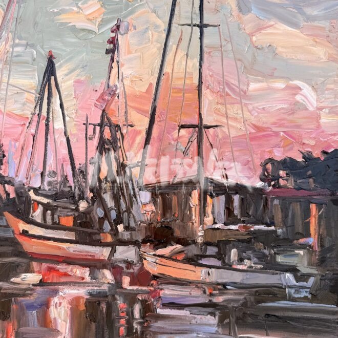 Impressionist painting of sailboats docked at a marina during sunset, with pink and orange hues reflected in the water and sky, and thick, textured brushstrokes throughout the scene.