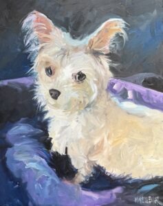 An oil painting of a small, fluffy white dog with upright ears, lying on a blue and purple textured blanket with a dark background—perfect for those seeking custom pet portraits that beautifully capture your beloved companion’s personality.