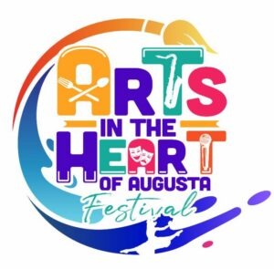 Colorful logo for the Arts in the Heart of Augusta Festival with artistic icons—such as a paintbrush, fork, spoon, theater masks, and microphone—surrounding the event name. Inspired by Michael Meissner’s vibrant oil paintings, this design captures the creative spirit at the heart of Augusta’s lively arts community.